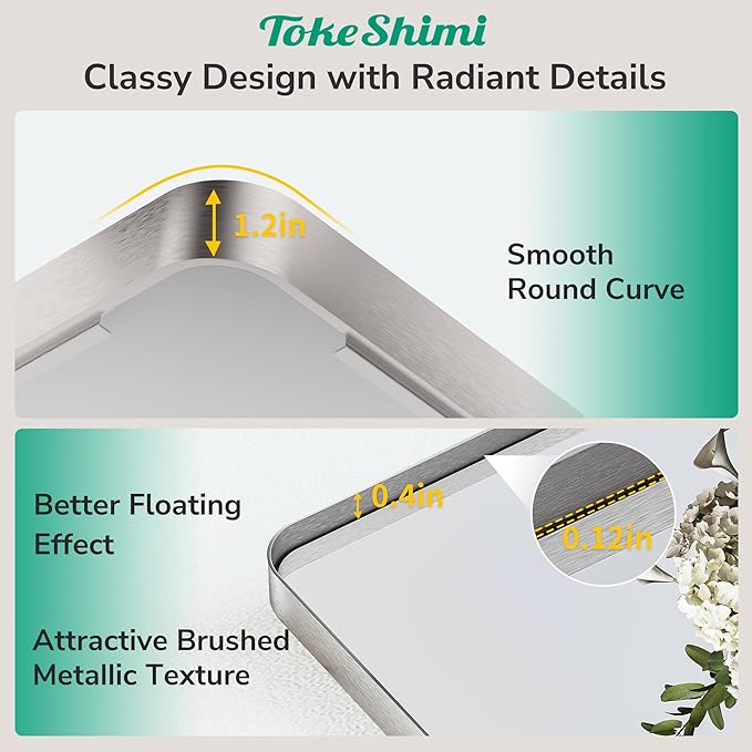 TokeShimi Brushed Nickel Vanity Mirror 60x36,Bathroom Mirror Framed Aluminum,Tempered Glass,Rectangle Mirror for Bathroom,Shatterproof Bathroom Wall Mirror(Horizontal/Vertical)