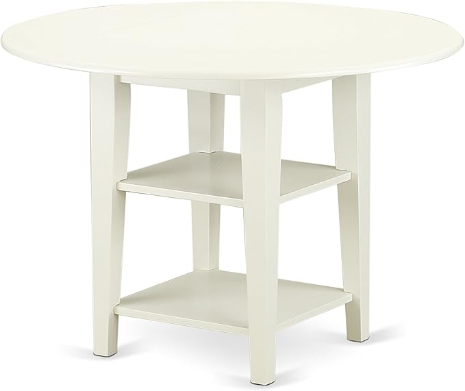 East West Furniture SUAD5-LWH-LC 5 Piece Dining Room Furniture Set Includes a Round Kitchen Table with Dropleaf & Shelves and 4 Faux Leather Upholstered Chairs, 42x42 Inch, Linen White