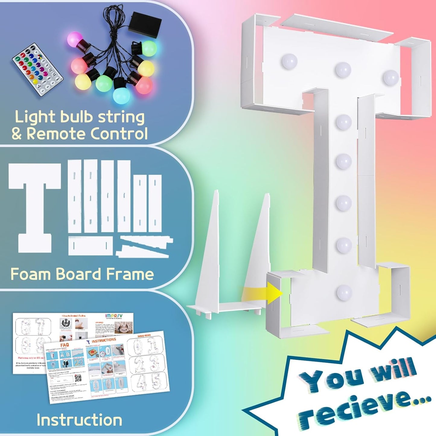 imprsv 3FT Colorful Marquee Light Up Letters T, 18 Colors Large Light up Letters Alphabet Sign with Remote, Big Marry Me Sign, Birthday Party Decorations Baby Shower Anniversary Wedding Decoration