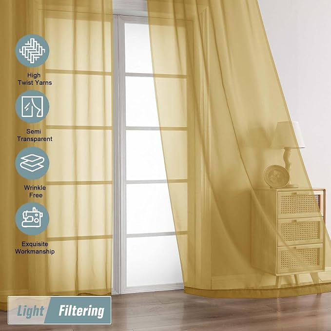 Gold Sheer Curtains 84 Inches Long 2 Panels, Elegant Airy Transparent Light - Image 5