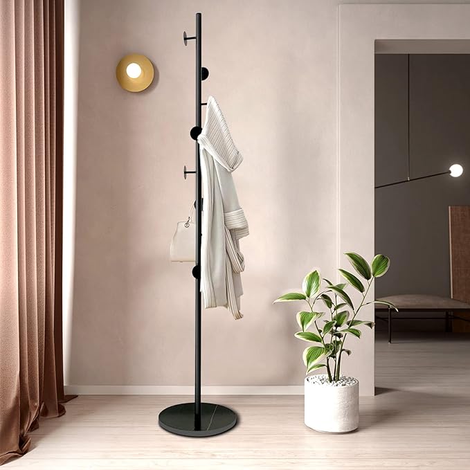 Coat Tree Freestanding, Metal Coat Rack Tree with 8 Hooks, Free Standing Hanger for Hats Scarves Purses Umbrellas, Coat Stands with Stable Base for Entryway Bedroom, Black