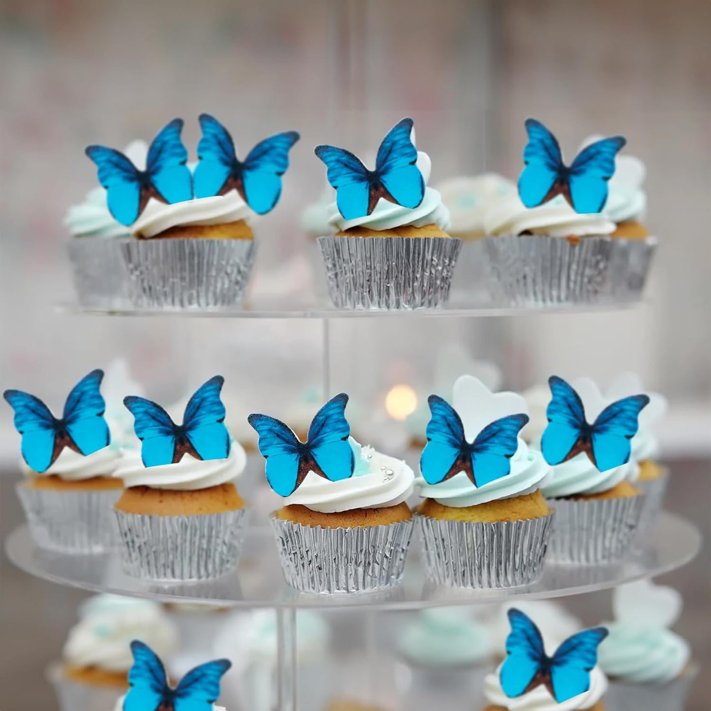 Ephlyn 48Pcs Edible Butterfly Cupcake Toppers 3D Cute Butterfly Cake Picks for Baby Shower Bridal Shower Boys Girls Birthday Party Cake Decorations Supplies Blue