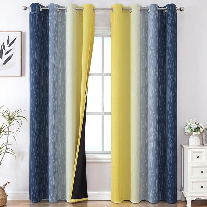 Estelar Textiler Navy Blue and Yellow Ombre Blackout Curtains 102 Inches Long by ESTELARTEXTILER