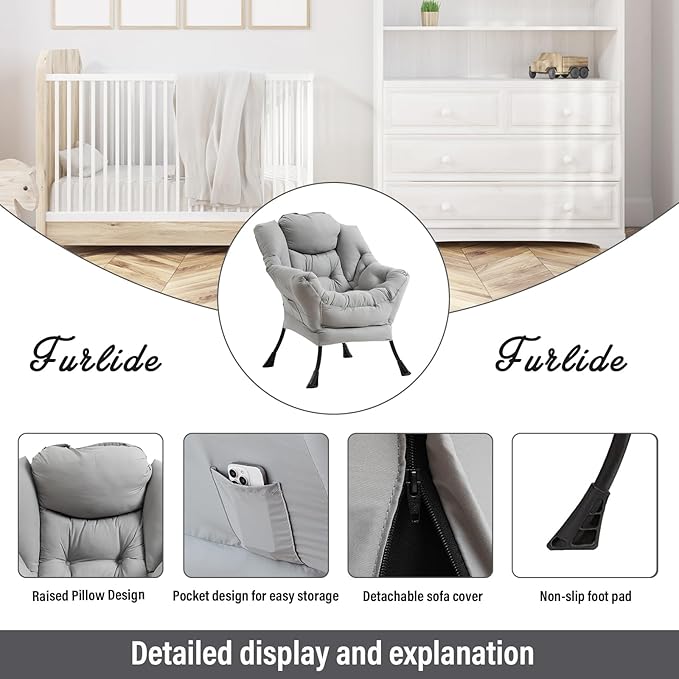Lazy Chair with Ottoman, Modern Chair with Folding Footrest, Lounge Accent Chair, Comfortable Reading Chair (Light Grey)