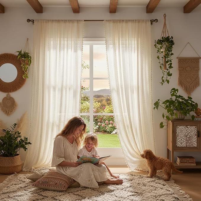 WAZZIO Boho Lace Curtains 102 Inch 2 Panel, Light Filtering Privacy Tassel & - Image 4