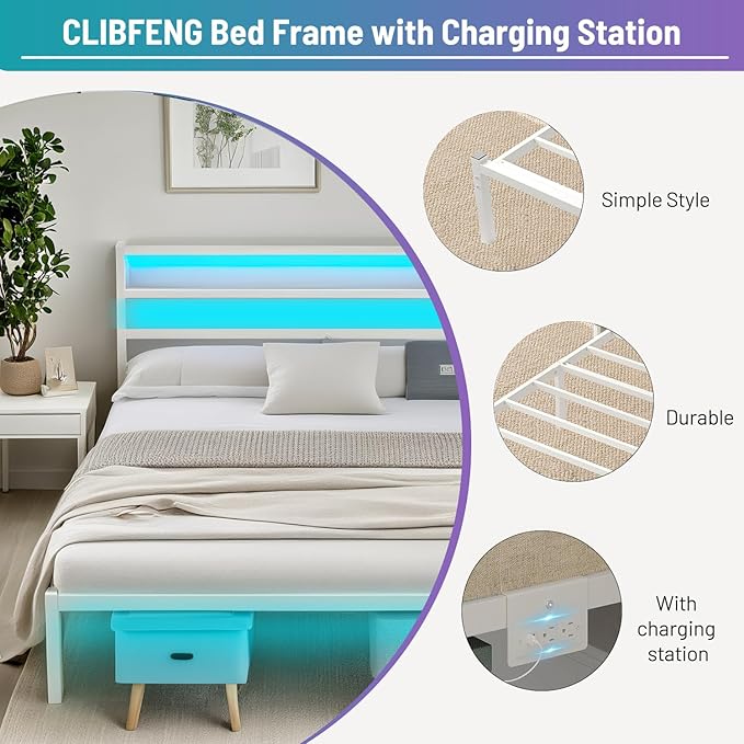 Queen Bed Frame with Headboard,Heavy Duty Steel Slats Support-LED Bed Frame with USB Charging Station,Mattress Foundation-Under Bed Storage,No Box Spring Needed,Noise Free,White