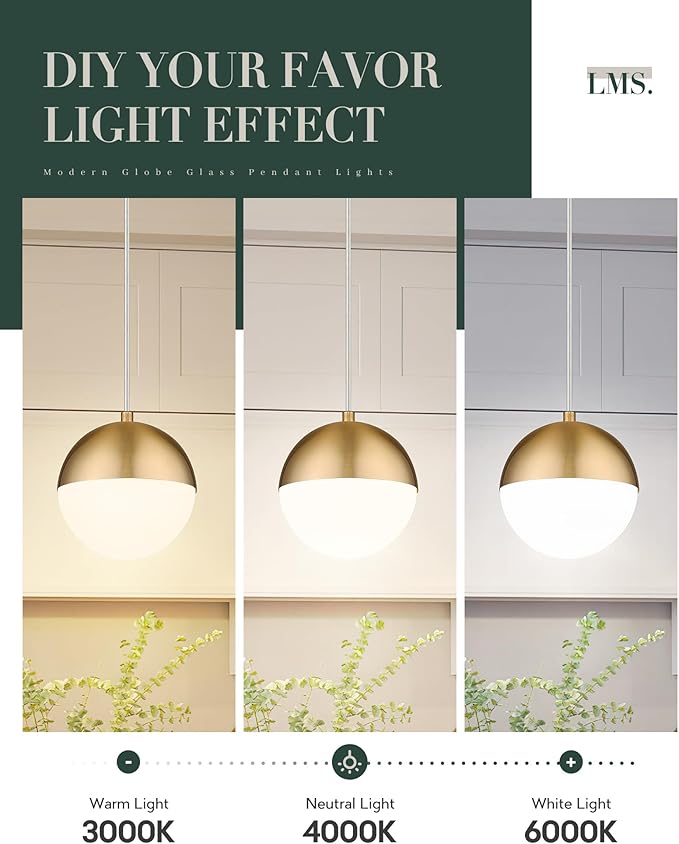 LMS 6-inch Brushed Gold Pendant Light Fixtures, Mid Century Pendant Light Fixtures with White Globe Glass, Adjustable Hanging Cord Ceiling Light Fixtures for Dining Room Bathroom, LMS-186BGS