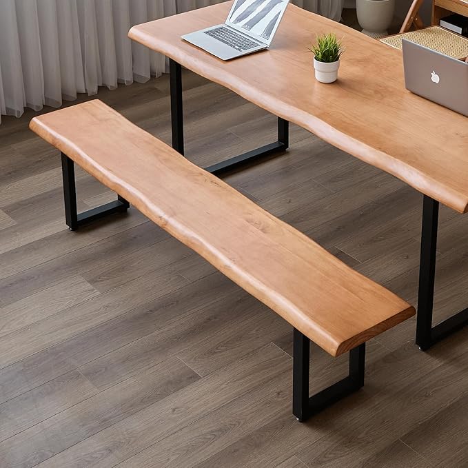Brown Bench Wooden Long Bench with Metal Legs for Office Restaurant Living Room Meeting Room Indoor Seating Multiple (tan bench62.99in)
