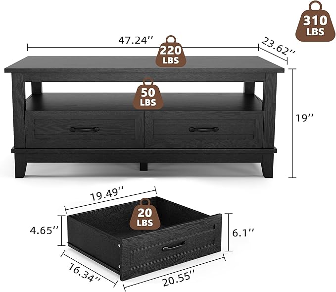 GarveeHome Farmhouse Coffee Table with Drawers, 47.2" Center Table Rustic Coffee Tables Black Living Room Table, with Open Shelf and 6 Support Legs