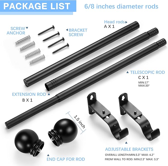 Curtain Rods for Windows 16 to 48 Inches, Curtain Rod Max Adjustable Length of 60 IN, 6/8" Diameter Drapery Rods Round Finials, Black, Pack of 1
