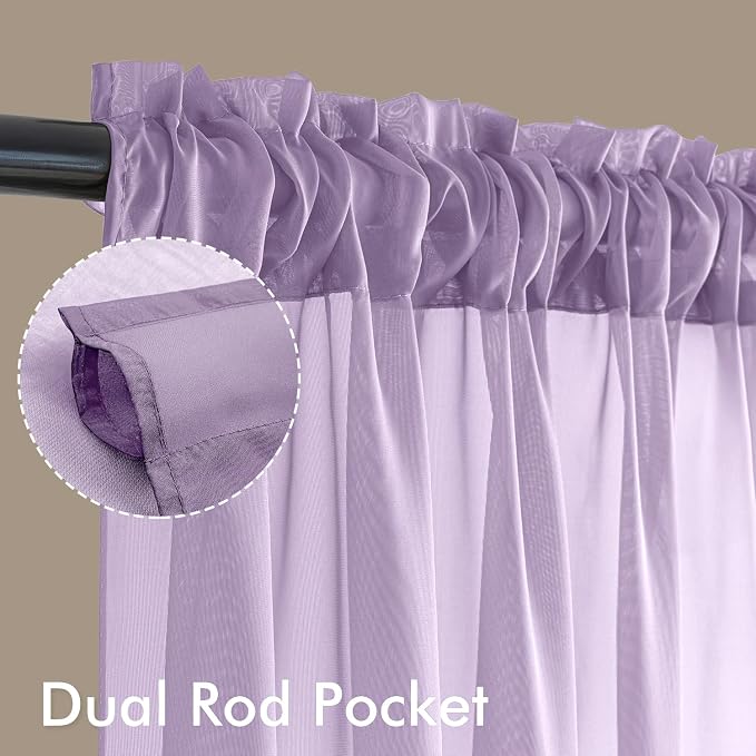 MIULEE Light Purple Sheer Curtains 63 Inches Long, 4 Panels Set, Lavender Light - Image 3