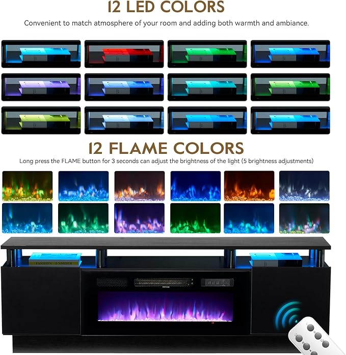 70" TV Stand for Living Room, Modern Entertainment Center & Media Console, Fits TVs up to 80", Storage Cabinet with Shelves, 36" Electric Fireplace with LED Flame (All Black)