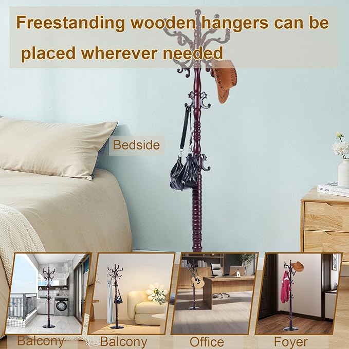 Coat Rack Freestanding with 18 Hooks, Wooden Standing Coat Racks for Entryway, Solid Wood Clothes Hanger Rack with Sturdy Round Base for Entryway, Hall, Bedroom, Office, Hallway