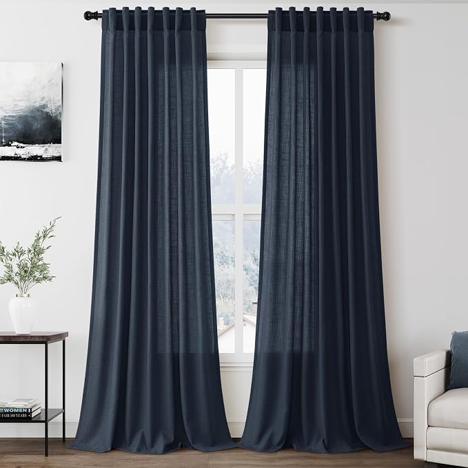 Nanspring Vintage Blue Linen Curtains 96 Inches Long 2 Panels Set by Nanspring