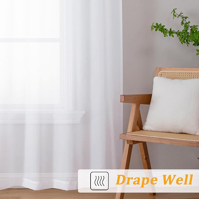 Gwine White Sheer Curtains 108 Inches Long 2 Panels Set, Voile Light Filtering - Image 6