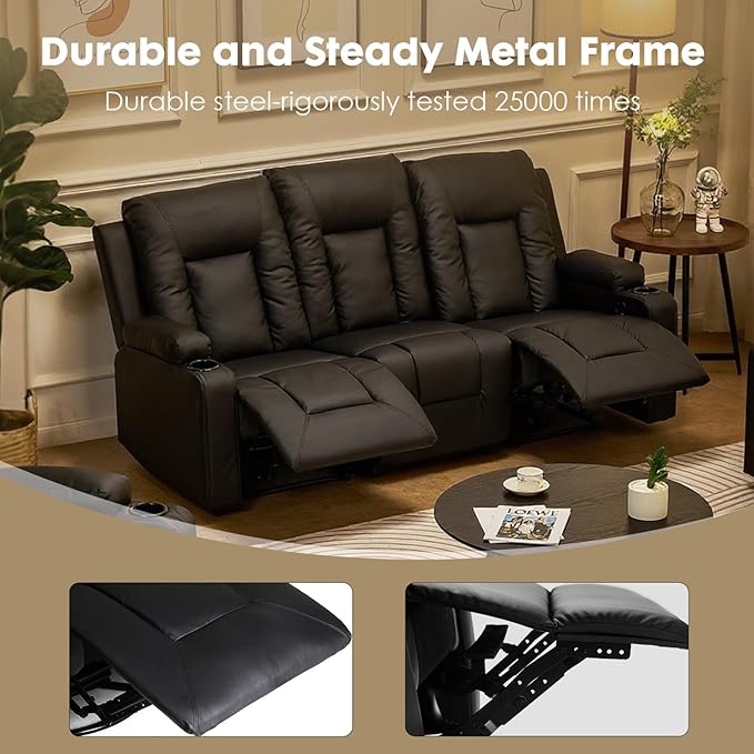 LUCKLIFE Leather Recliner Sofa Set with Manual Recliners,Living Room Furniture Set with Reclining Couch,Loveseat and Armchair,Living Room Chair with Cup Holders,Black (3)