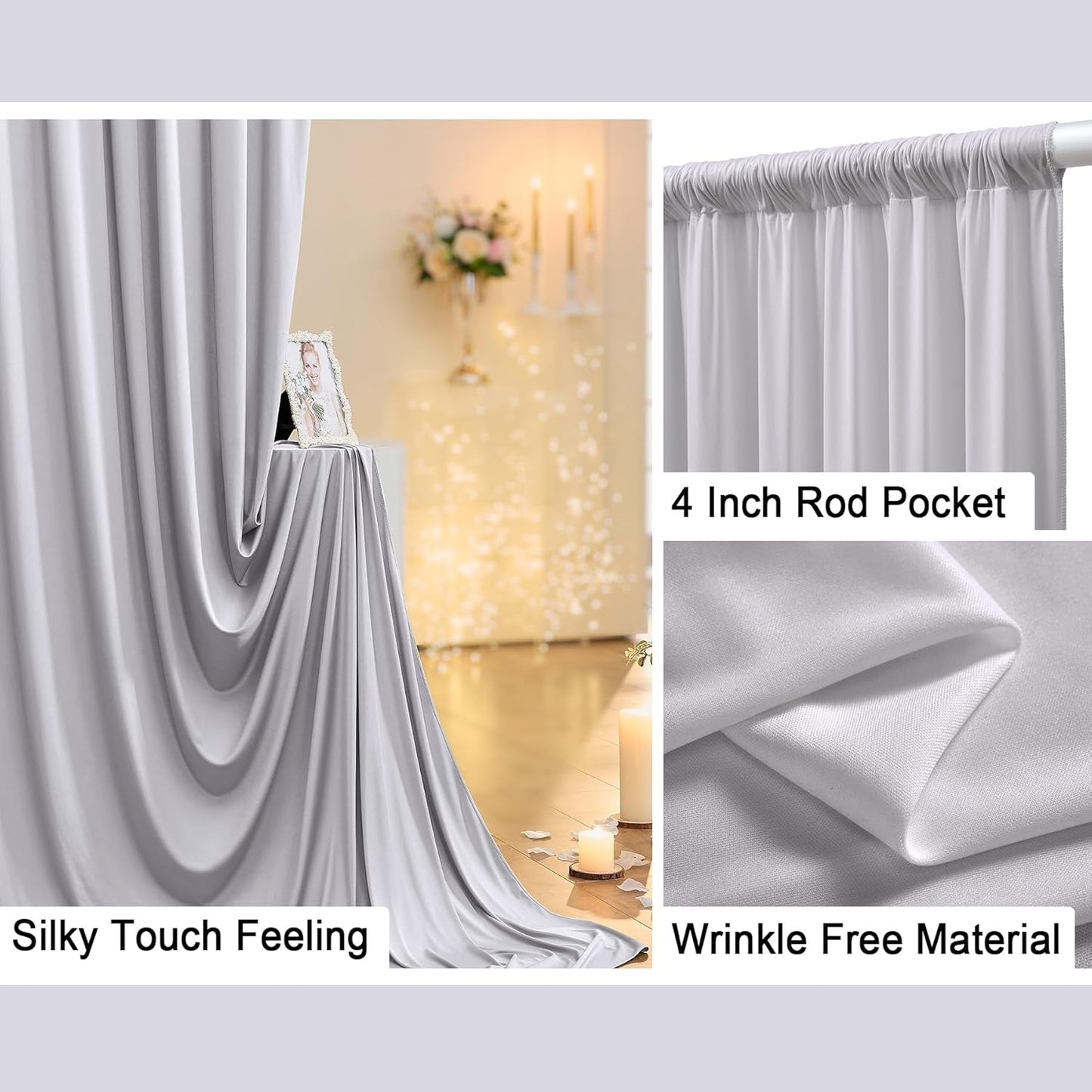 30 ft x 10 ft Wrinkle Free Silver Backdrop Curtain for Parties, Polyester Silver Grey Backdrop Drapes 6 Panels 5x10ft for Baby Shower Photoshoot Engagement Wedding Birthday Photography Background