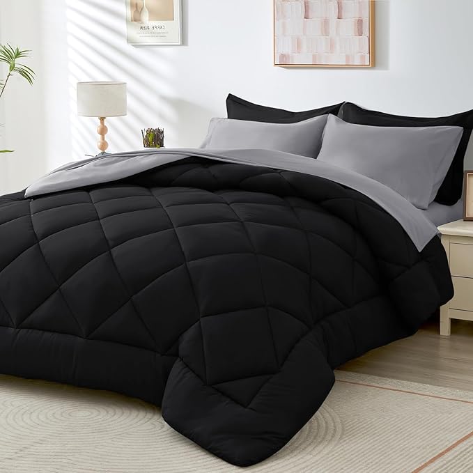 HEVUMYI Twin Comforter Set - 5-Piece All Season Bed in a Bag Twin, Ultra Soft Bedding Set with Comforter, Flat Sheet, Fitted Sheet, Pillowcases, Pillow Shams, Black & Light Grey