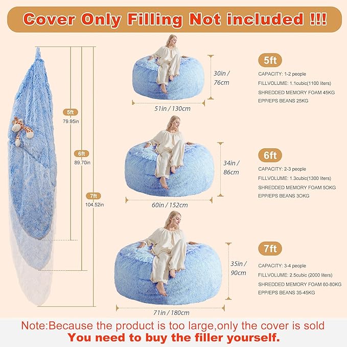 Large Bean Bag Covers Only, Fluffy Stuffed Beanbag Chair Covers No Filler, Washable Bean Bags Cover for Adults, Stuffed Animal Bean Bag Anti-Slip, 7FT, Blue