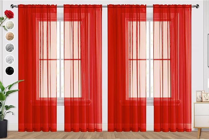 SpaceDresser Sheer Red Curtains 4 Panels Rod Pocket Semi-Sheer Curtain 90 by SpaceDresser
