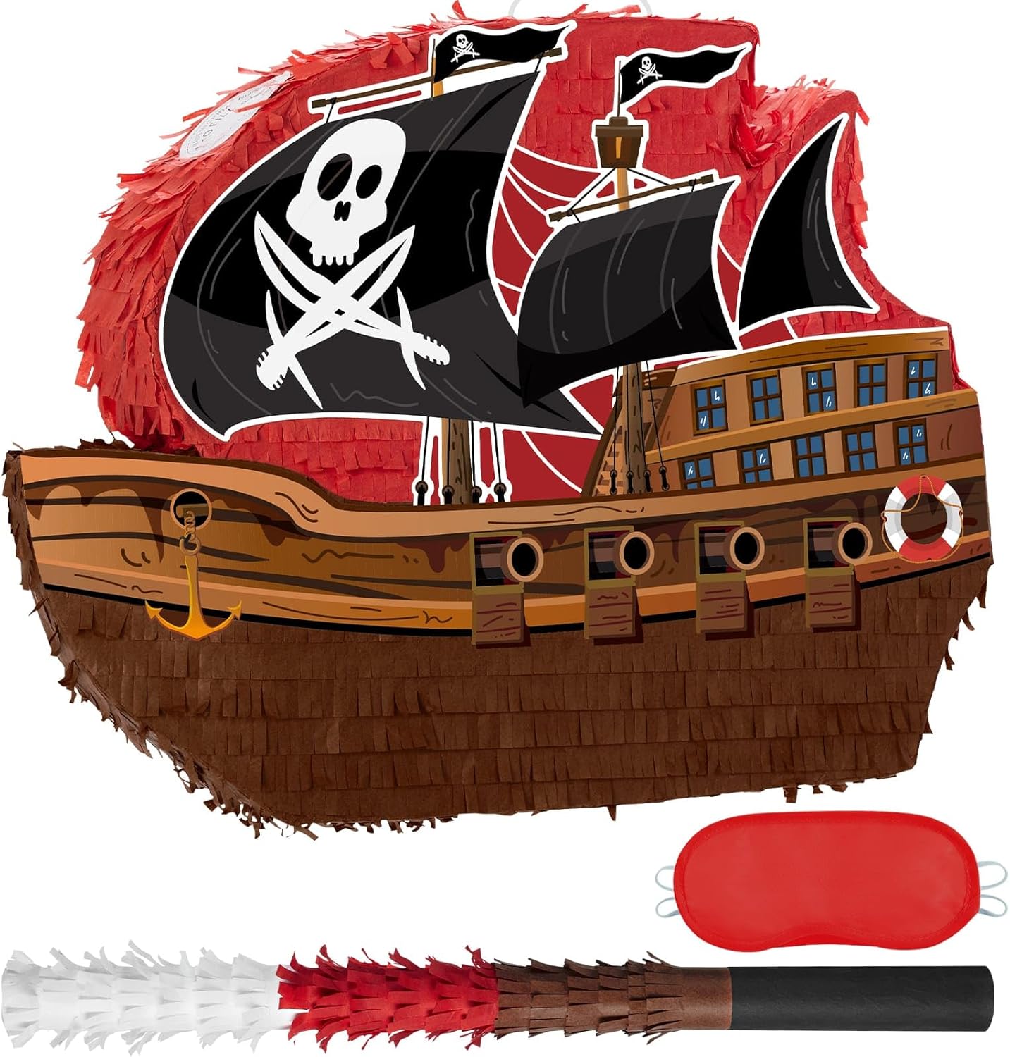 WERNNSAI Pirate Piñata - Pirate Ship Piñata with Blindfold and Bat for Boys Kids Caribbean Pirate Piñata Birthday Party Favors Decorations Family Games Pirate Party Supplies 16.4” x 12.4”