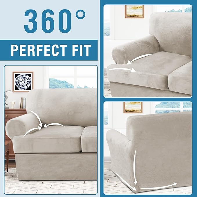 H.VERSAILTEX Sofa Cover 2 Piece T Cushion Armchair Slipcovers Thick Velvet Couch Cover Stretch T Cushion Sofa Covers for 1 Cushion Couch with 1 Individual T Cushion Covers, French Oak