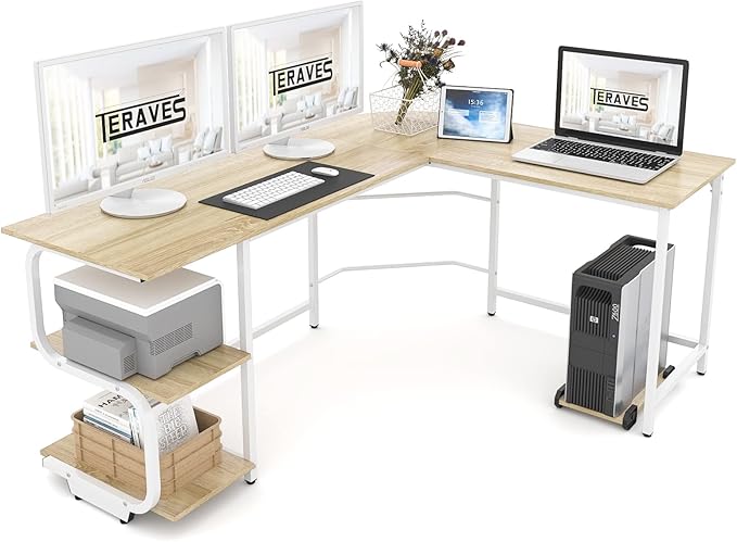 Teraves Reversible L Shaped Desk with Large Surface, 69 Inch Sturdy Corner Desk with Storage Shelves, Premium Office Computer Desk Workstation for Home Office Gaming