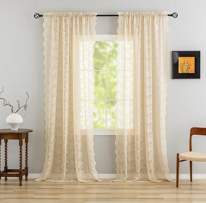 YJ YANJUN Vintage Lace Curtains 108 Inches Long-Victorian Floral Beige Sheer - Image 3