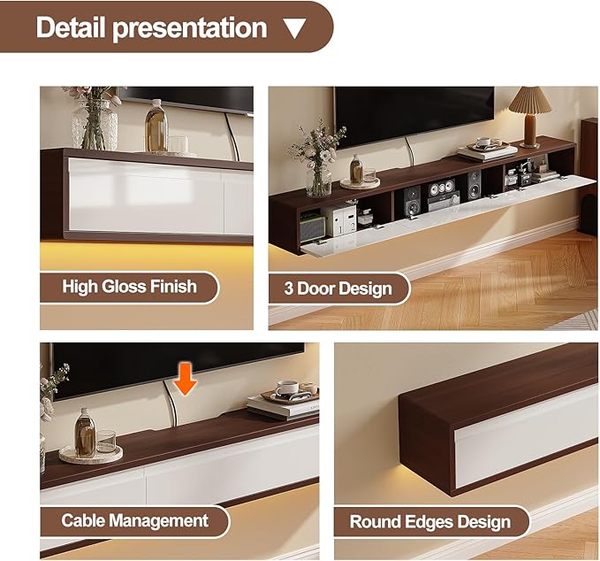 Floating TV Stand High Gloss,86'' Wall-Mounted TV Cabinet,Floating TV Console,Under TV Shelf with 3 Doors for Living Room Bedroom(Walnut+White)