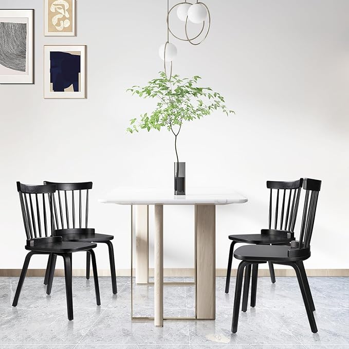 Unovivy Wood Dining Chairs Set of 2, Windsor Farmhouse Spindle Back, Widen Seat, Modern Mid-Century Country Style, for Living Room Restaurant, Black