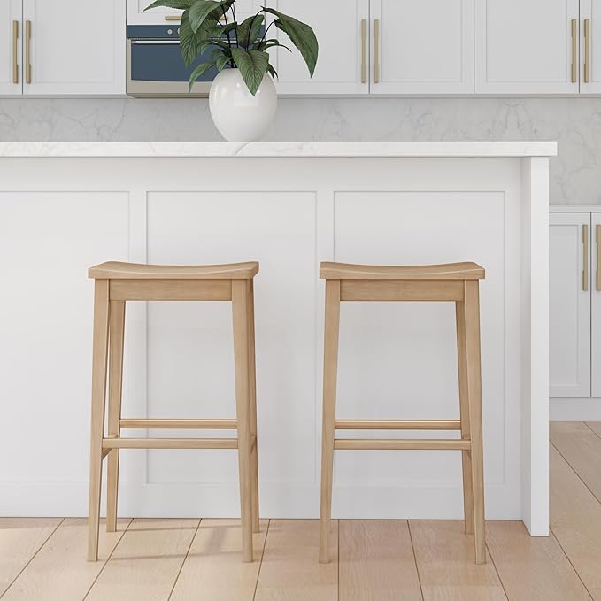 Plank+Beam Smythe Bar Stool, 30", Set of 2, Sturdy Wood Modern Kitchen Bar Height Stool, Saddle Seat Backless Counter Chair, Metal Footrest, Blonde