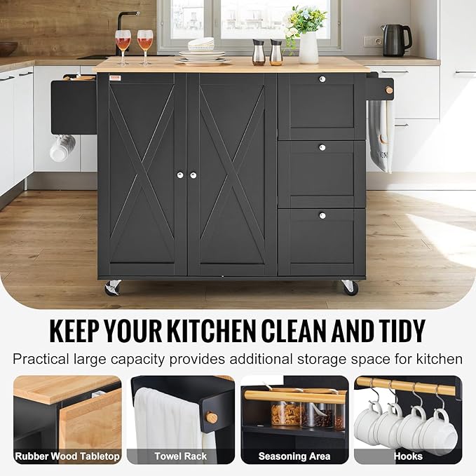 VEVOR Kitchen Island Cart, Rolling Table with Drop Leaf, Spice Rack, Towel Bar, Adjustable Shelf, Drawer, and Hooks, Mobile Island on Wheels, Mobile Carts with Storage Cabinet, 45.3" Wood Top, Black