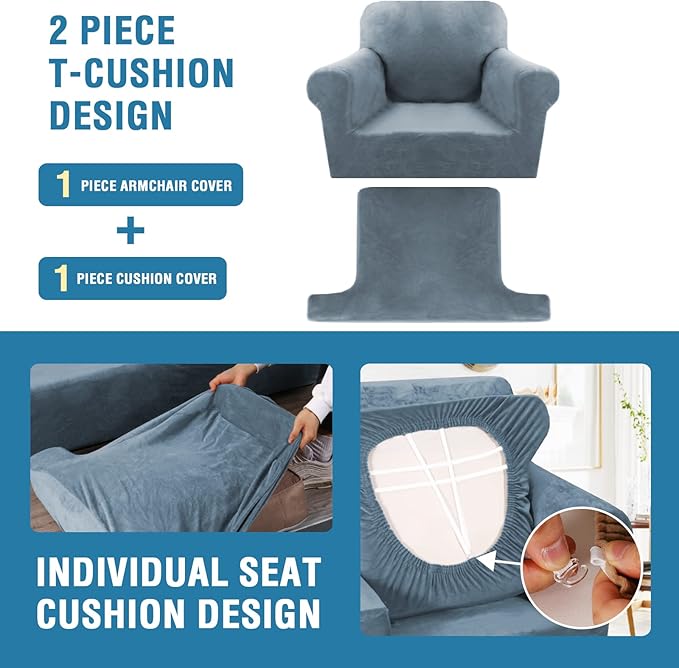 H.VERSAILTEX Sofa Cover 2 Piece T Cushion Armchair Slipcovers Thick Velvet Couch Cover Furniture Protector Stretch T Cushion Sofa Covers for 1 Cushion Couch with 1 T Cushion Covers, Stone Blue