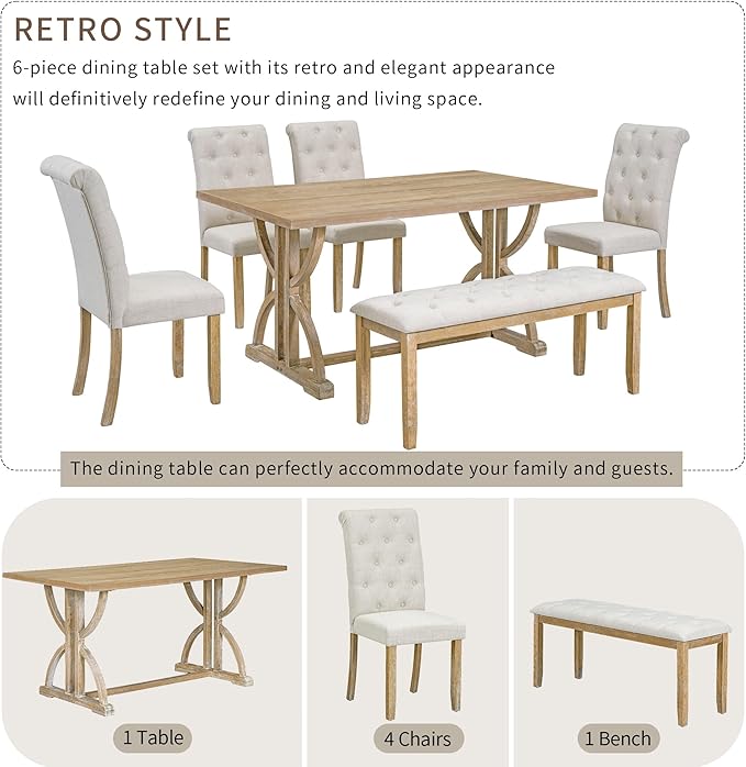 Ball & Cast 6-Piece Dining Table Set, 60" Rectangular Dining Table with 4 Upholstered Chairs & 1 Bench for Dining Room and Kitchen Natural Wood Wash