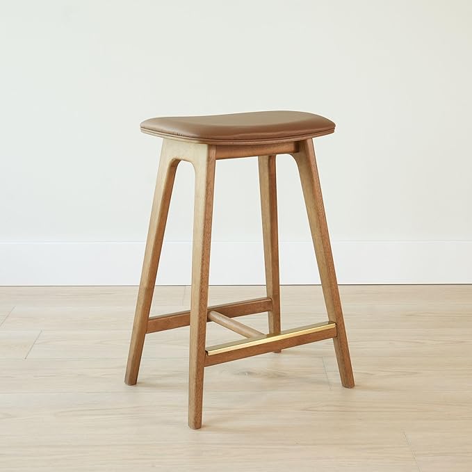 Plank+Beam Beryl Counter Height Stool - Mid-Century Modern Rubberwood Bar Stool with Faux Leather Seat, Metal Footrest, Easy Assembly, 2-Pack, Pecan/Toffee