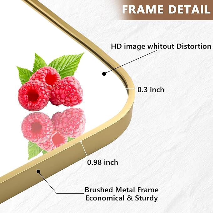 Brushed Gold Mirror, 16"x20" Rectangle Bathroom Mirror, Metal Frame Rectangle Corner Vanity Mirror, Wall Mounted Mirror for Modern, Living Room, Bedroom, Horizontal Or Vertical