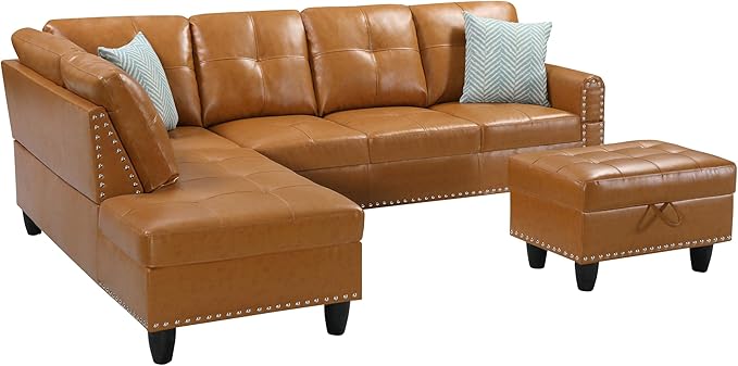 Ball & Cast 98" L Shaped Sectional Couch for Living Room with Chaise&Storage Ottoman,4 Seat Faux Leather Upholstered Modular Sectional Sofa Set 3 PCS W/Cup Holders&Coffee Table,for Home,Office,Ginger