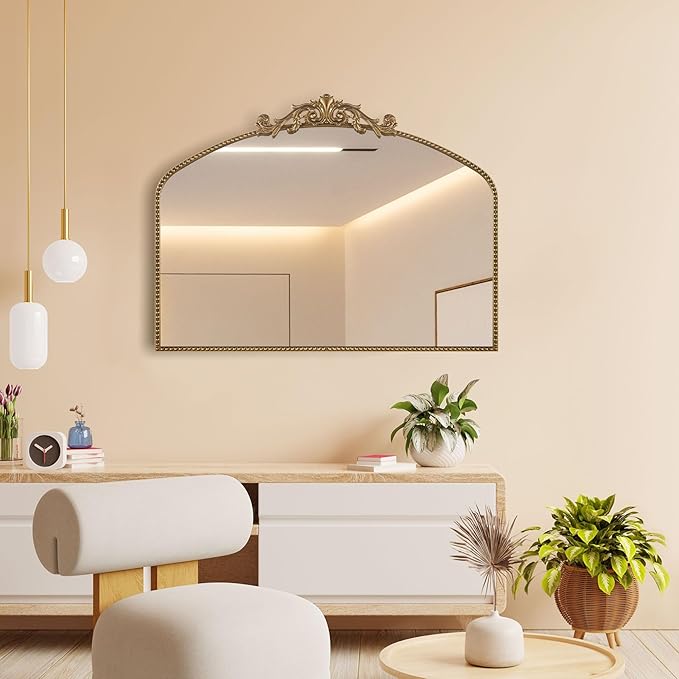 Large Ornate Gold Antique Mirror 40” x 30”, Vintage Wall Mirror with Gold Beaded Arch Frame, Dresser Mirror for Dining Room,Living Room, Sofa Wall, or Hallway Decor