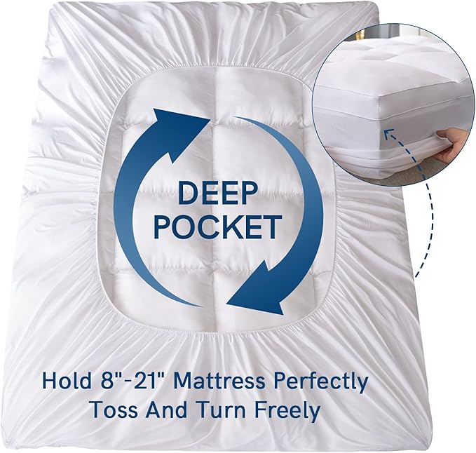 ELEMUSE Queen Mattress Topper for Back Pain, Extra Thick Mattress Pad Cover, Plush Soft Pillowtop with Elastic Deep Pocket, Overfilled Down Alternative Filling