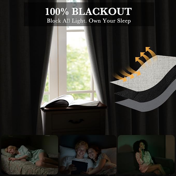 RYB HOME Cream Linen 100% Blackout Curtains - Image 3