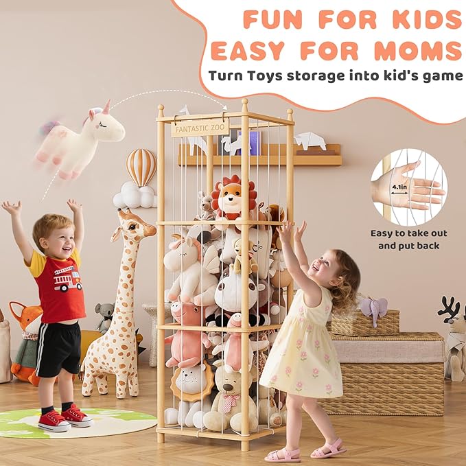 TOPMELON Stuffed Animal Zoo Storage, 16.8″ x 16.8″ x 53.6″ Large Capacity Plush Toy Organizer, Cute Zoo Toy Holder for Kids, Wooden Toys Organizer Tower for Playrooms & Children's Room