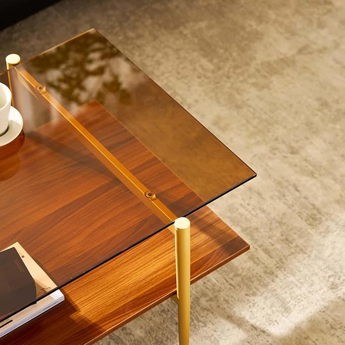 AGV LIGHTING Tadio Glass Coffee Table, Mid-Century Modern Coffee Table for Living Room, Gold Finish Leg, Coffee Brown Glass Top & Walnut Shelf, 41 in Length