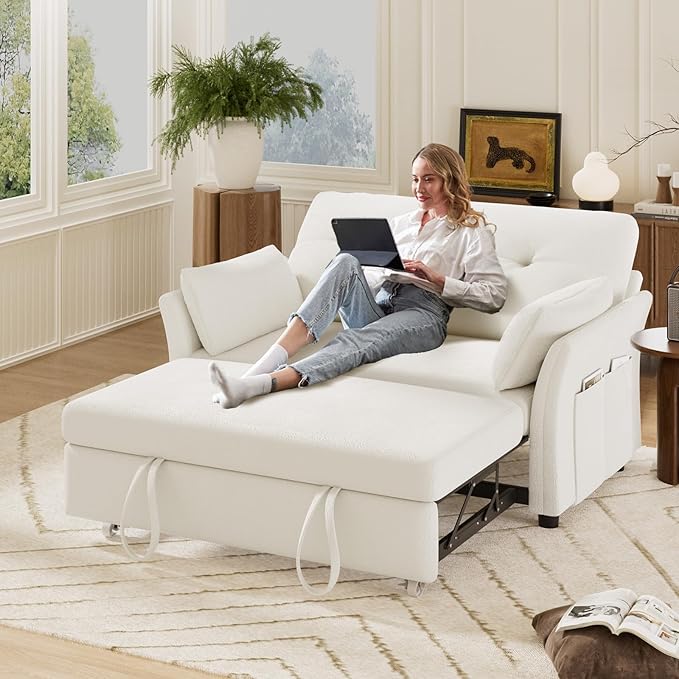 Vipbear 3-in-1 Chenille Convertible Sofa Bed, Pull Out Sleeper Sofa with Reclining Backrest & Side Pocket, Tool-Free Assembly, Folding Loveseat for Living Room, Apartment, White