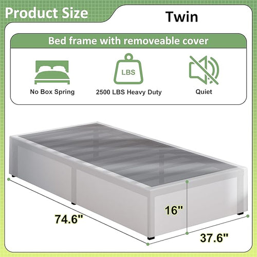 16 Inch Twin Bed Frames with White Skirt Cover, Metal Twin Size Bed Frame with Storage, Heavy Duty, No Box Spring Needed, Easy Assembly, Noise Free, Mattress Foundation