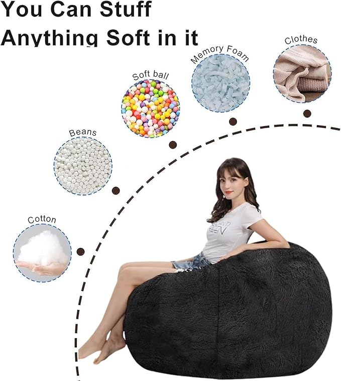 BCU 6FT Bean Bag Chair for Adults and Kids Without Filler Giant Stuffed Animal Storage Cover Soft Faux Fur Floor Chair Cover for Bedroom Living Room, Multicolored