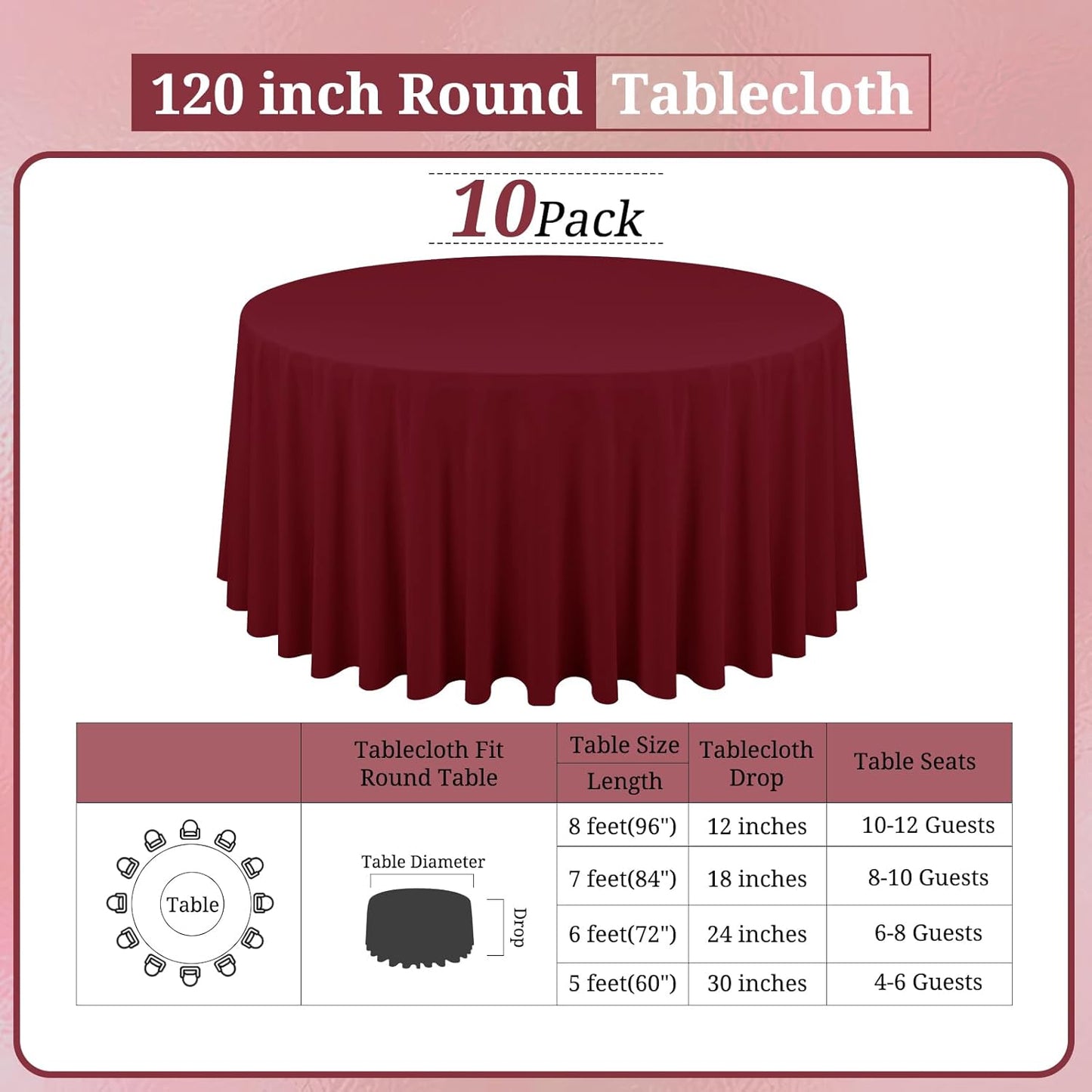 10 Pack Burgundy Round Tablecloths - 120 Inch, Polyester Table Cover for Round Table, Stain and Wrinkle Resistant Washable Fabric Tablecloth, Polyester Tablecloth for Wedding Banquet Parties