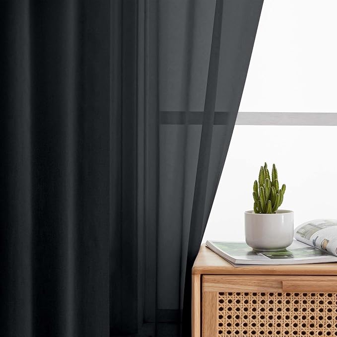 Black Kitchen Curtains 30 Inch Length Tier 2 PCS, Solid Soft Airy Half Curtains - Image 7