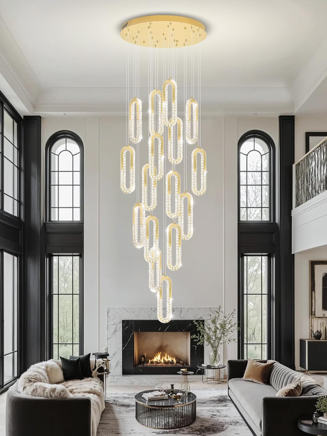 H138 Large Chandelier for High Ceiling,Modern 16-Rings Crystal Chandeliers for Entryway,Gold Pendant Light for Living Room,Foyer,Entryway LED Dimmable Staircase Chandelier