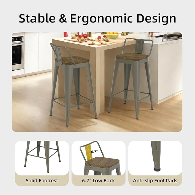 Rusty Bar Stools Set of 4, Metal Bar Stools with Wooden Seat, Modern 24”Counter Height Barstools with Low Back