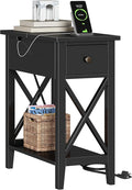 ChooChoo End Table with Charging Station, Narrow Side Table with USB Ports and Outlets, Nightstand with Drawer, for Small Spaces, Bedside Tables for Living Room Black